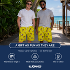 Friends in matching Men's Yellow Yodel Custom Face Beach Shorts — a group gift photo