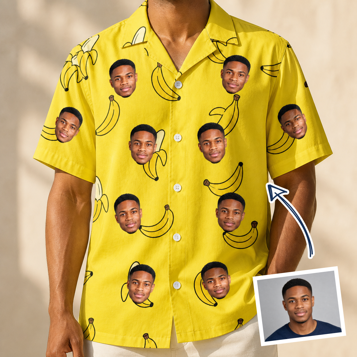 Man wearing Men's Yellow Yodel Custom Face Hawaiian Shirt — custom faces printed all-over