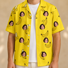 Man wearing Men's Yellow Yodel Custom Face Hawaiian Shirt open over a white tee