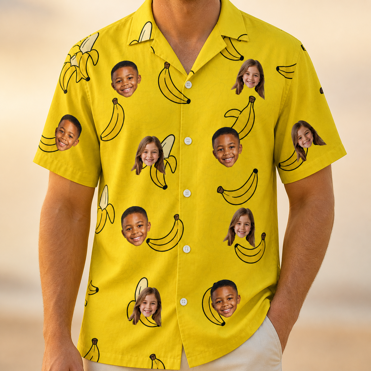 Model wearing Men's Yellow Yodel Custom Face Hawaiian Shirt printed with kids' faces