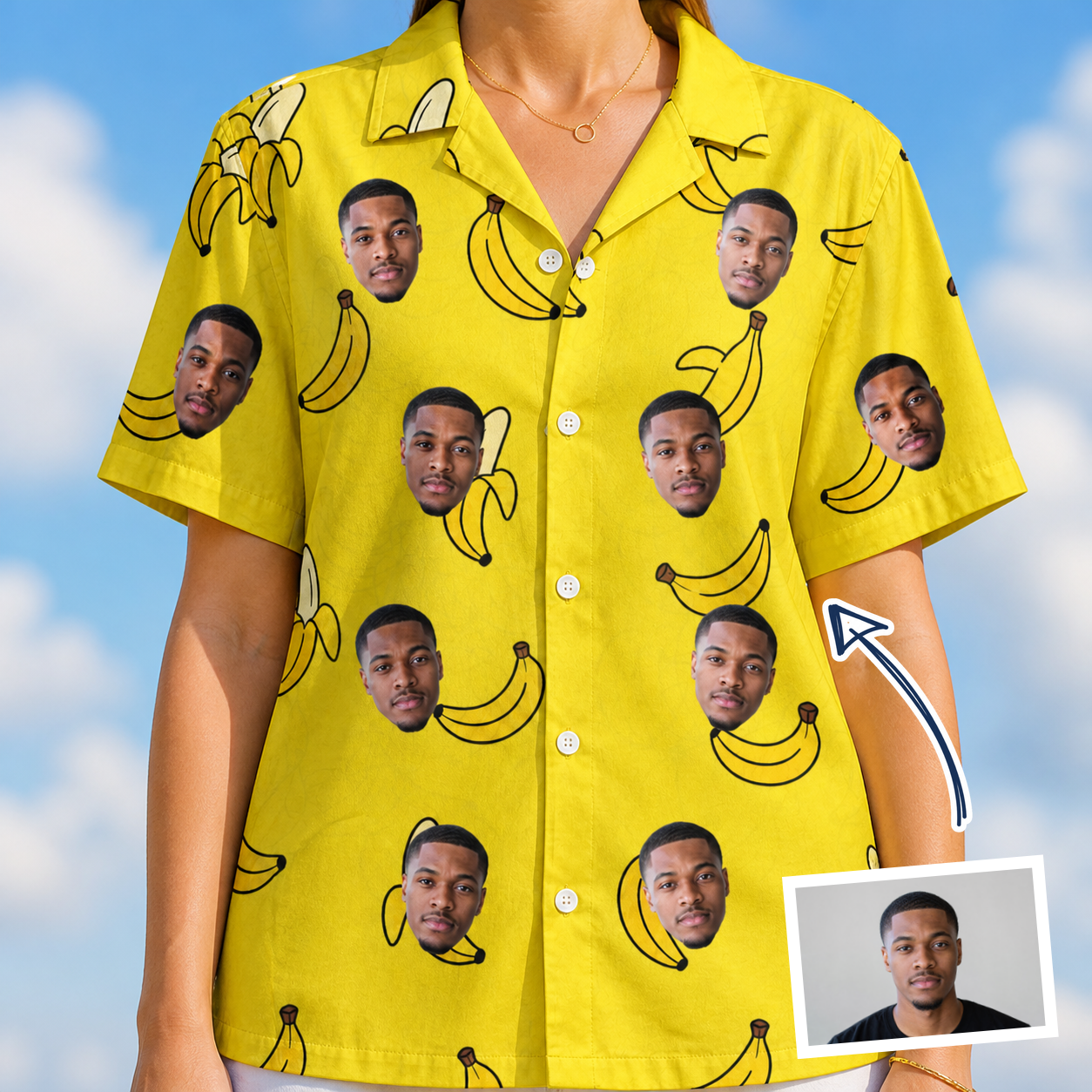 Woman wearing Women's Yellow Yodel Custom Face Hawaiian Shirt — custom faces printed all-over