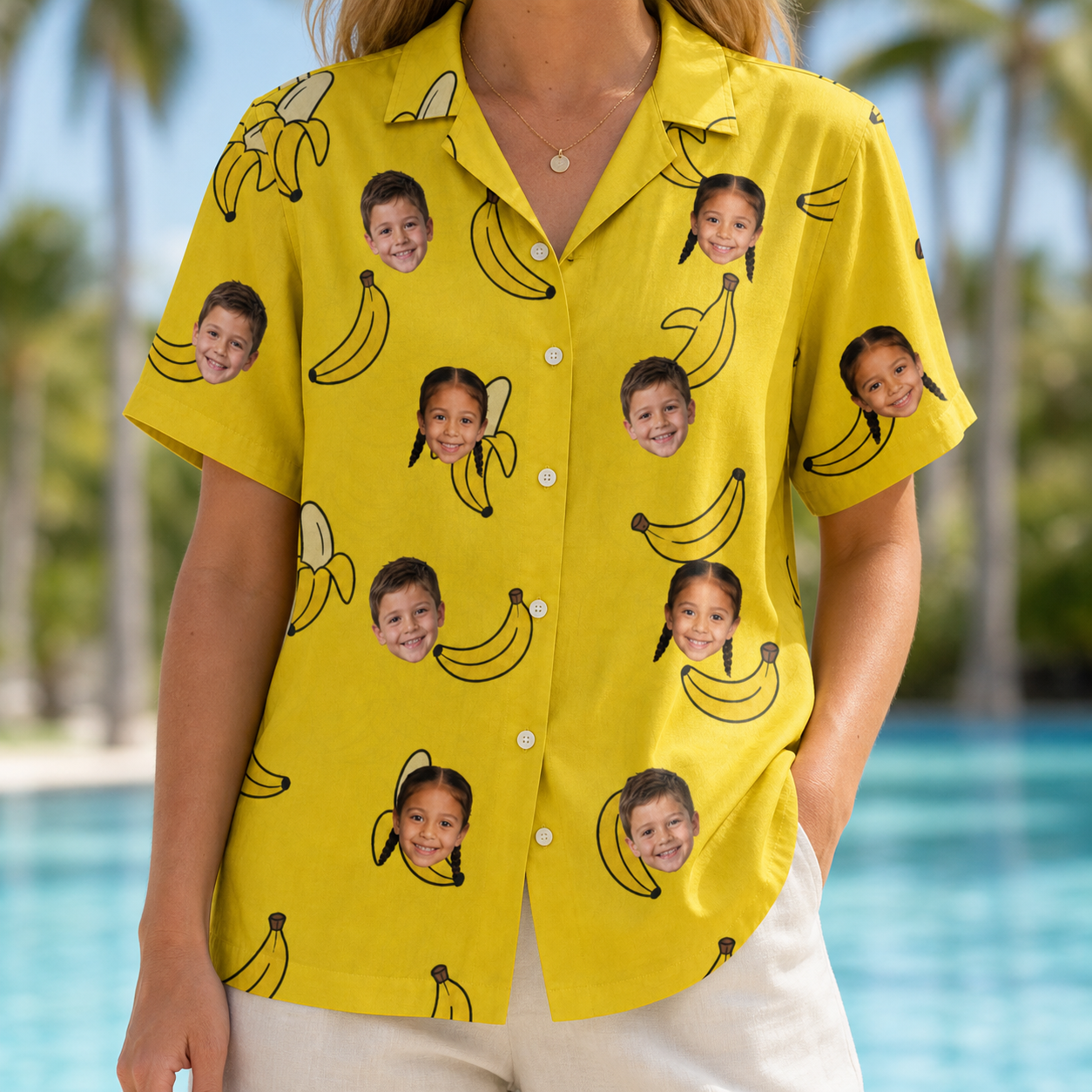 Model wearing Women's Yellow Yodel Custom Face Hawaiian Shirt printed with kids' faces