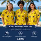 Friends in matching Women's Yellow Yodel Custom Face Hawaiian Shirt — a group gift photo