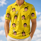 Model wearing Men's Yellow Yodel Custom Face Polo Shirt printed with kids' faces