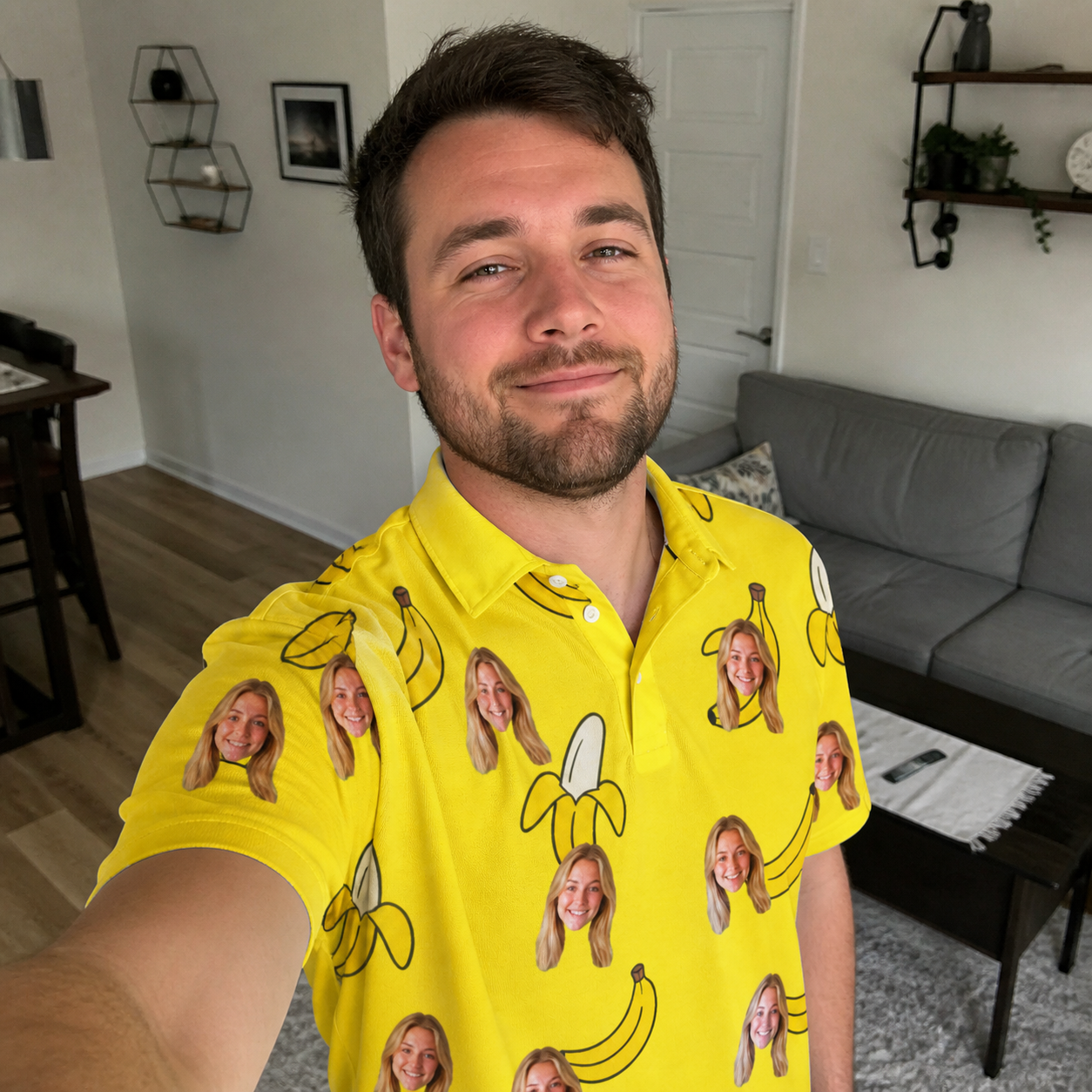 Real-life photo of someone wearing Men's Yellow Yodel Custom Face Polo Shirt — custom faces printed all-over