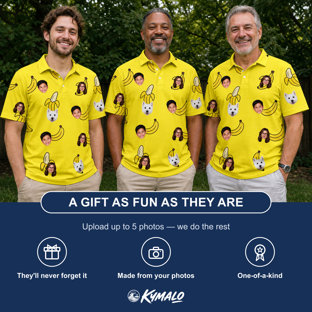 Friends in matching Men's Yellow Yodel Custom Face Polo Shirt — a group gift photo