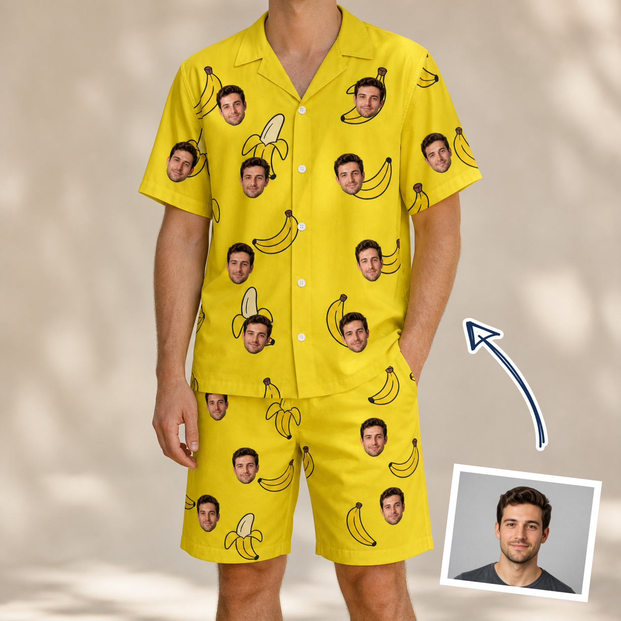 Man wearing Men's Yellow Yodel Custom Face Shirt & Shorts Set — custom faces printed all-over