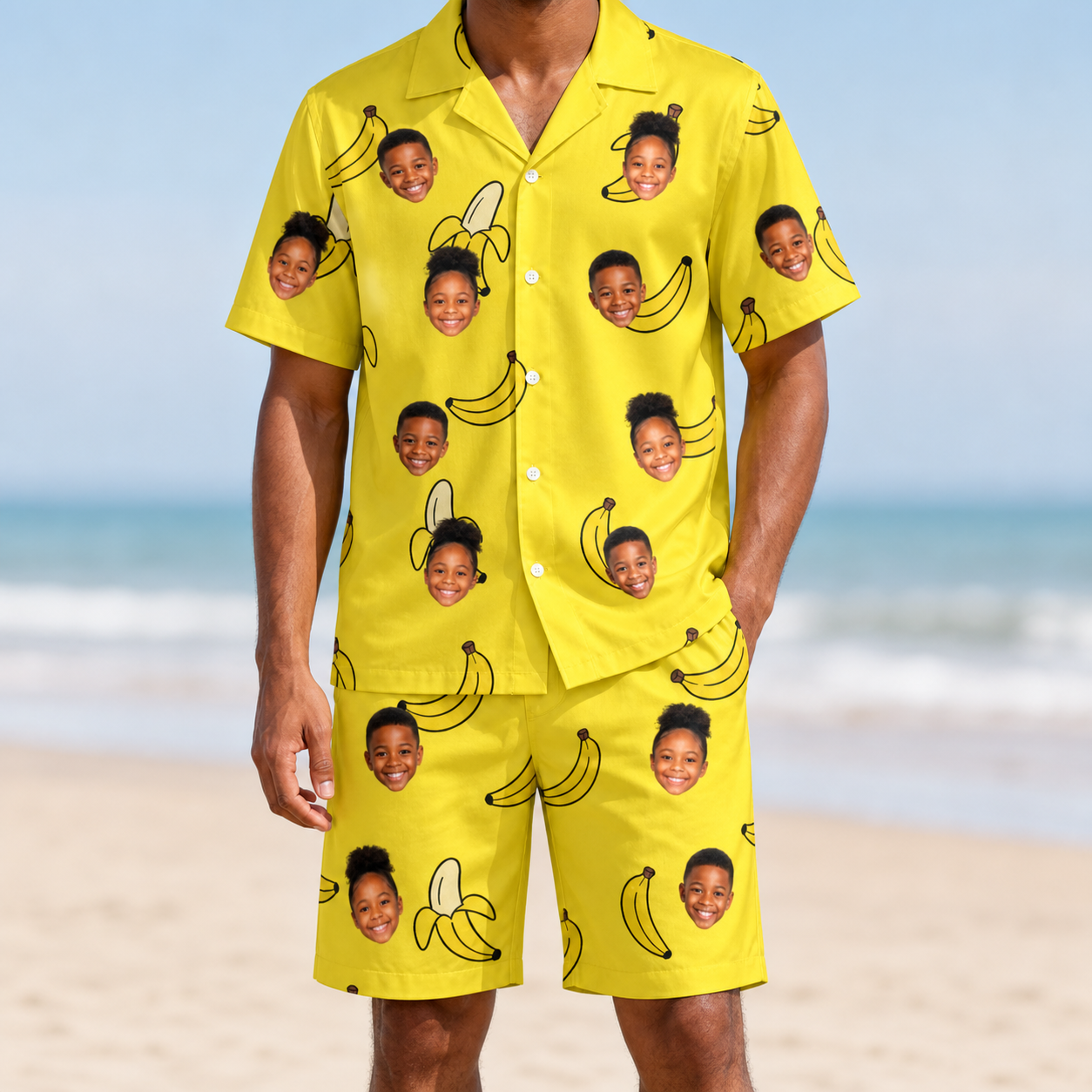 Model wearing Men's Yellow Yodel Custom Face Shirt & Shorts Set printed with kids' faces