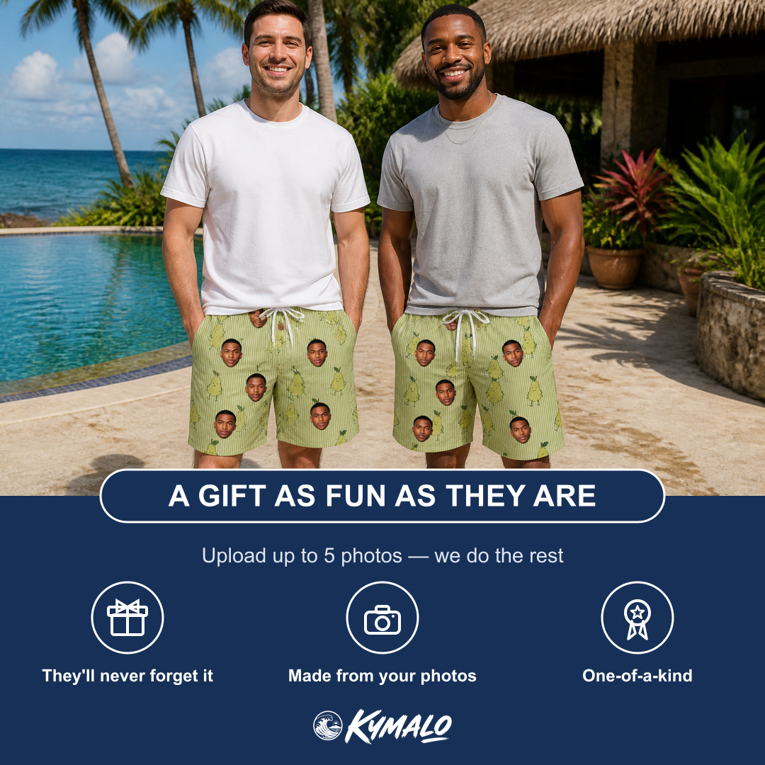 Friends in matching Men's Pyrus Pizzazz Custom Face Beach Shorts — a group gift photo