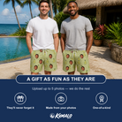 Friends in matching Men's Pyrus Pizzazz Custom Face Beach Shorts — a group gift photo