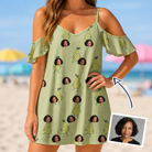 Woman wearing Women's Pyrus Pizzazz Custom Face Off-Shoulder Dress — custom faces printed all-over