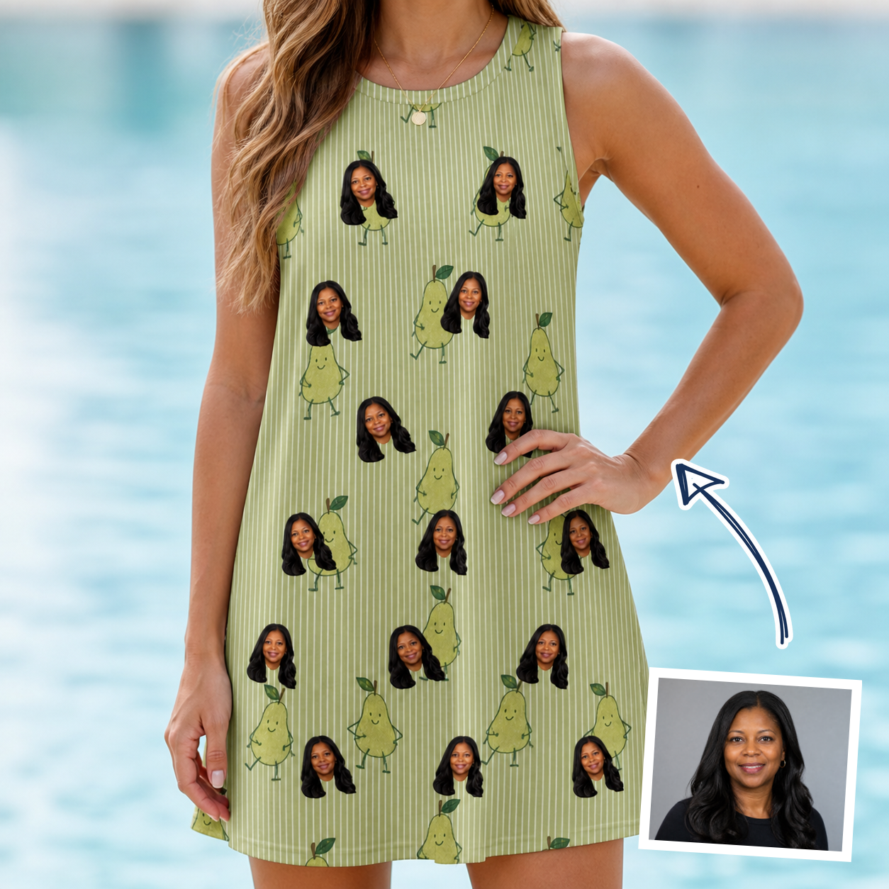 Woman wearing Women's Pyrus Pizzazz Custom Face Tank Dress — custom faces printed all-over