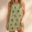 Model wearing Women's Pyrus Pizzazz Custom Face Tank Dress printed with kids' faces