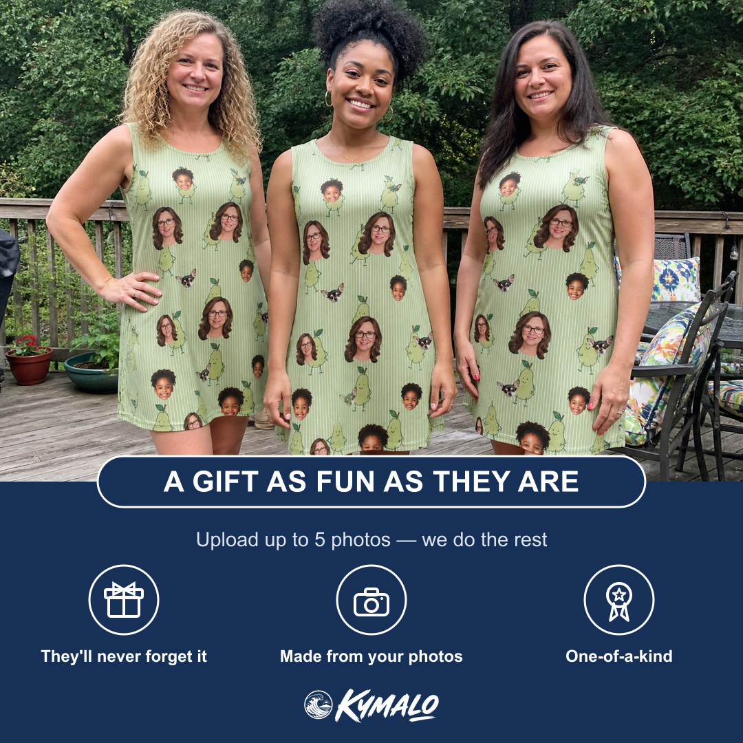 Friends in matching Women's Pyrus Pizzazz Custom Face Tank Dress — a group gift photo