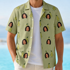 Man wearing Men's Pyrus Pizzazz Custom Face Hawaiian Shirt open over a white tee