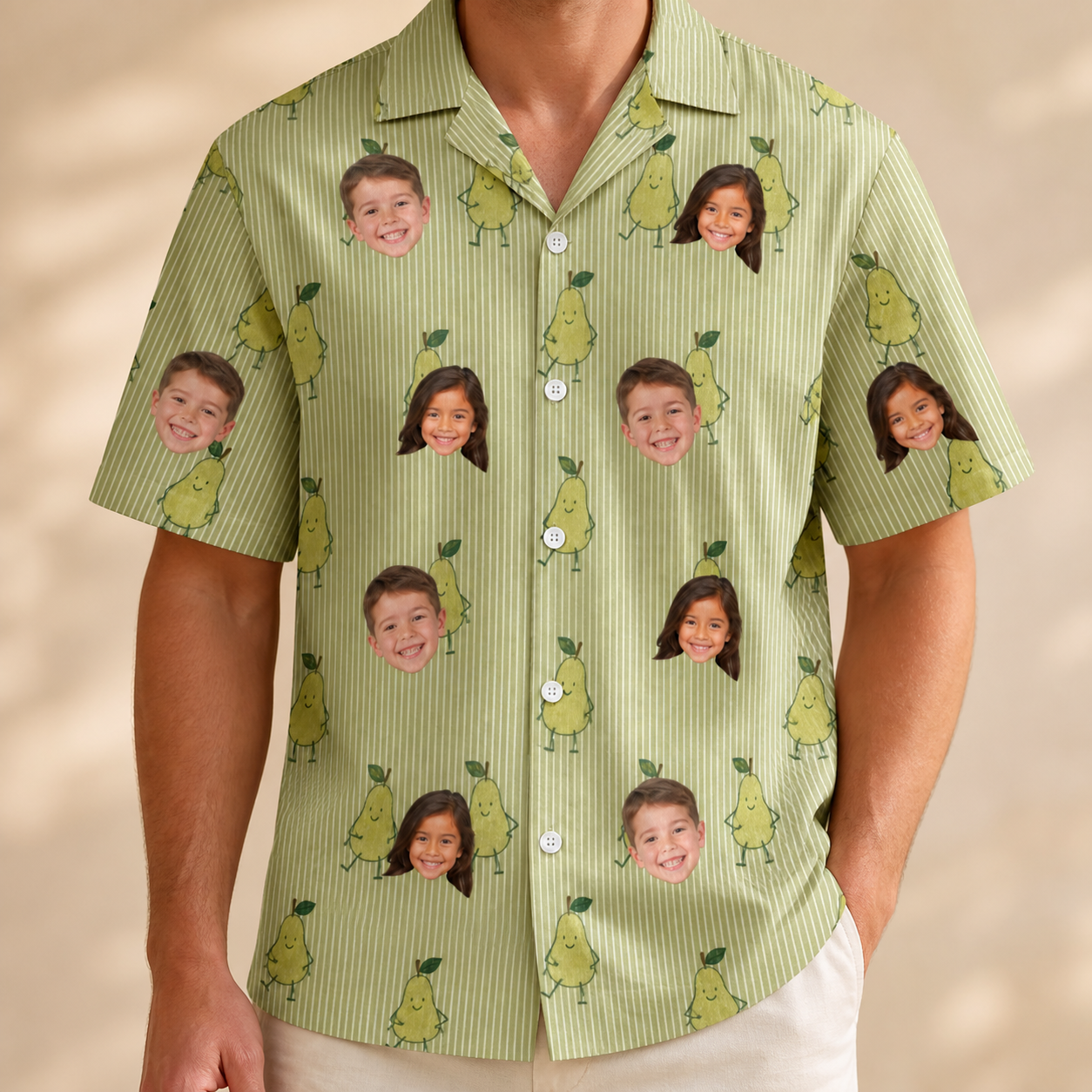 Model wearing Men's Pyrus Pizzazz Custom Face Hawaiian Shirt printed with kids' faces