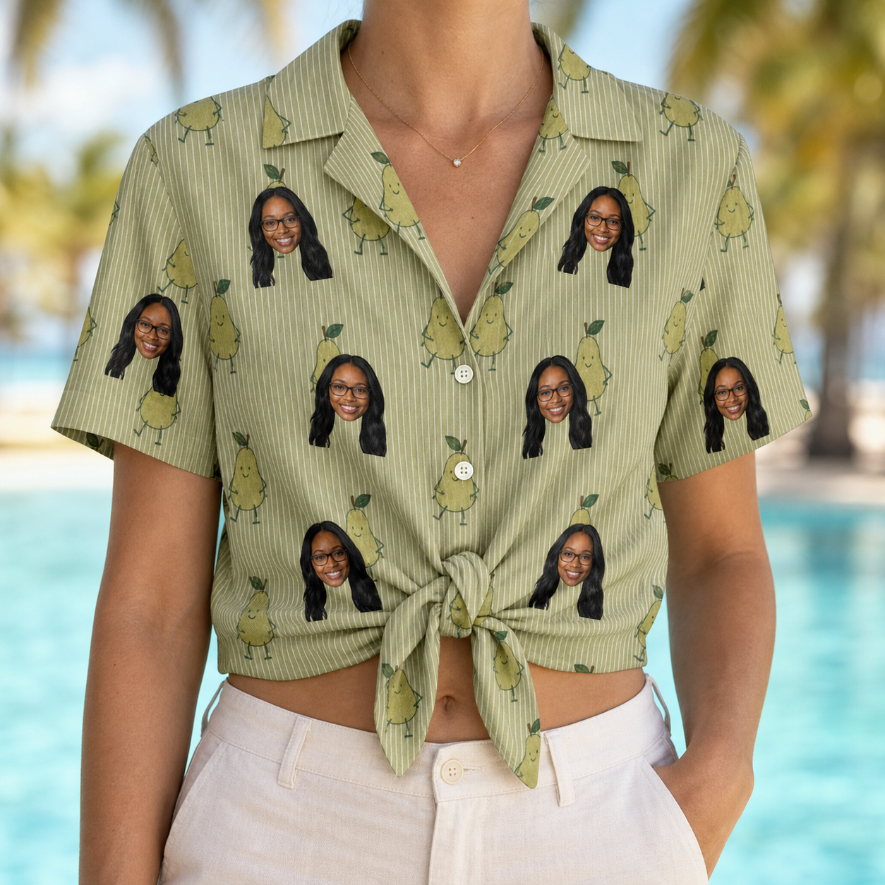 Woman wearing Women's Pyrus Pizzazz Custom Face Hawaiian Shirt tied at the waist