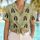 Woman wearing Women's Pyrus Pizzazz Custom Face Hawaiian Shirt tied at the waist