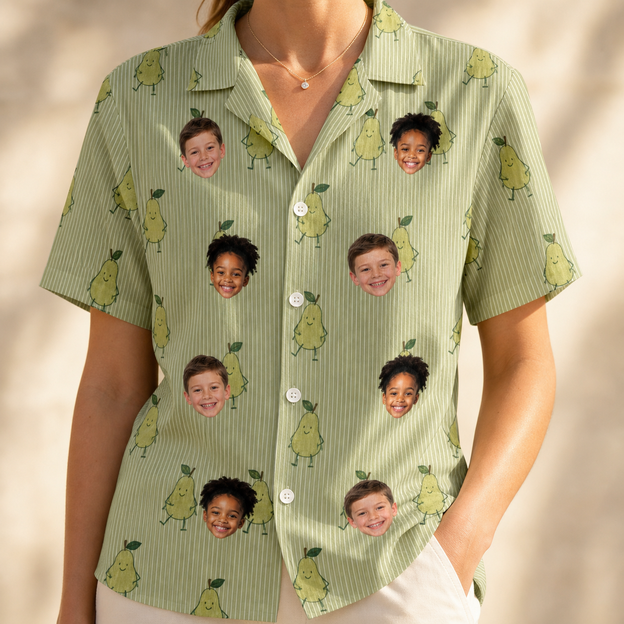 Model wearing Women's Pyrus Pizzazz Custom Face Hawaiian Shirt printed with kids' faces