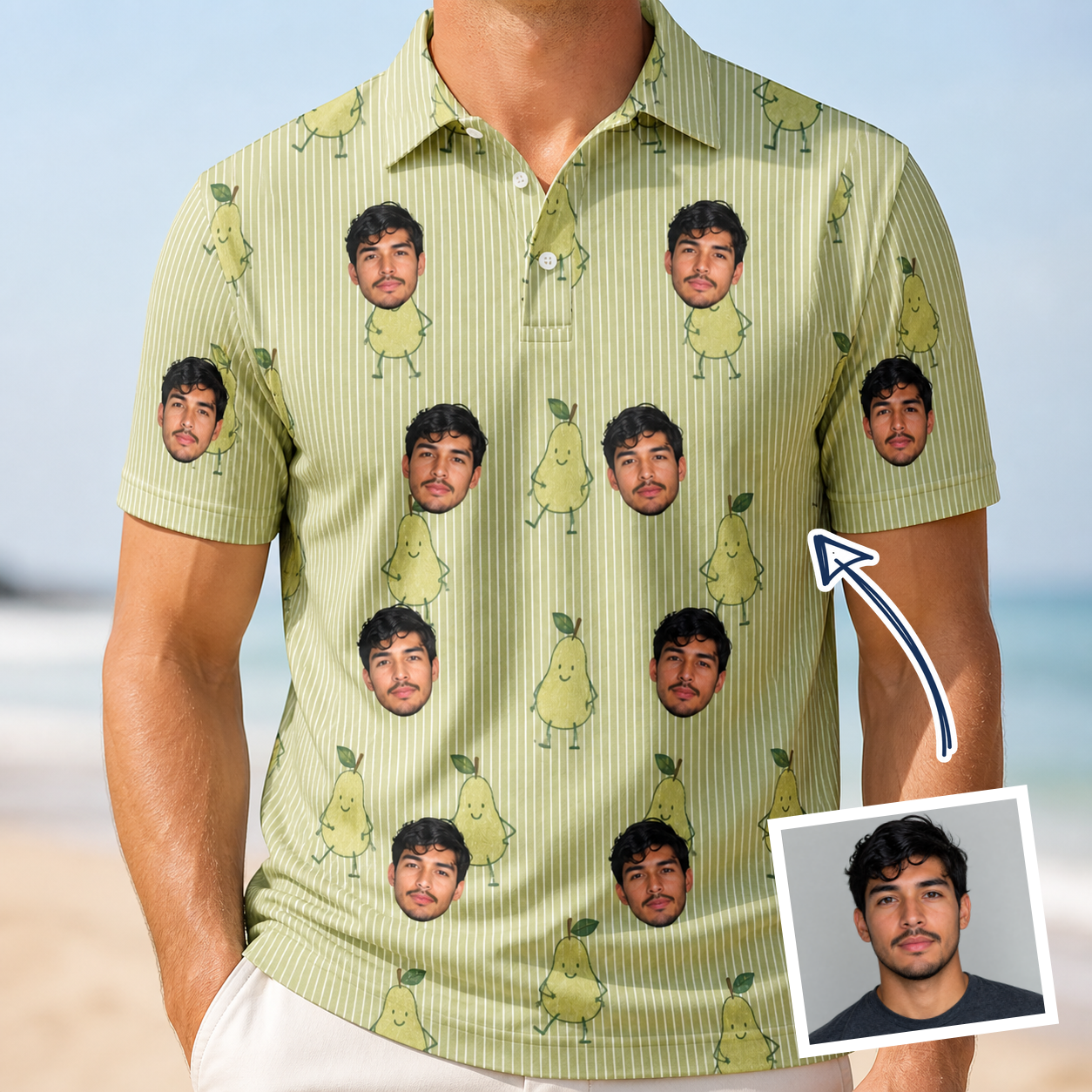 Man wearing Men's Pyrus Pizzazz Custom Face Polo Shirt — custom faces printed all-over