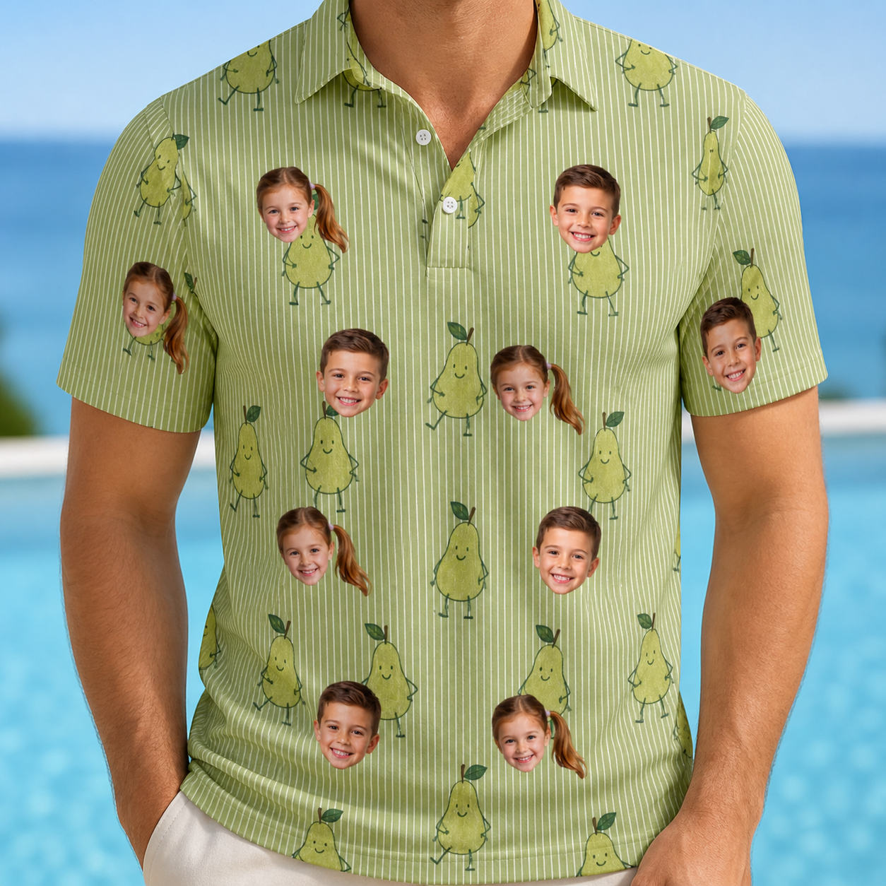Model wearing Men's Pyrus Pizzazz Custom Face Polo Shirt printed with kids' faces
