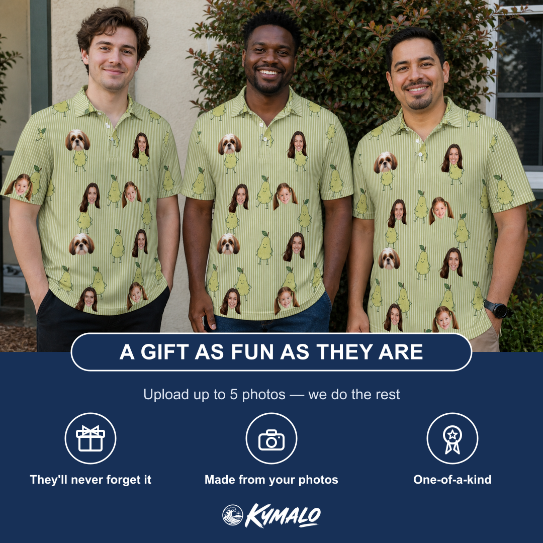 Friends in matching Men's Pyrus Pizzazz Custom Face Polo Shirt — a group gift photo