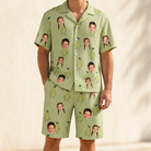 Model wearing Men's Pyrus Pizzazz Custom Face Shirt & Shorts Set printed with kids' faces