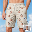 Man wearing Men's Mandarin Moxie Custom Face Beach Shorts — custom faces printed all-over