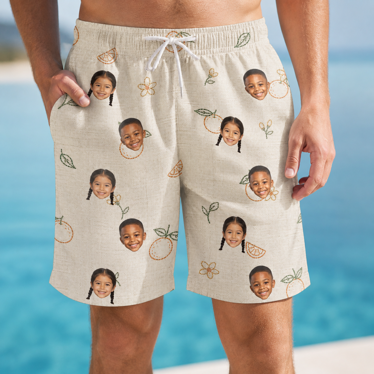 Model wearing Men's Mandarin Moxie Custom Face Beach Shorts printed with kids' faces
