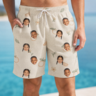 Model wearing Men's Mandarin Moxie Custom Face Beach Shorts printed with kids' faces