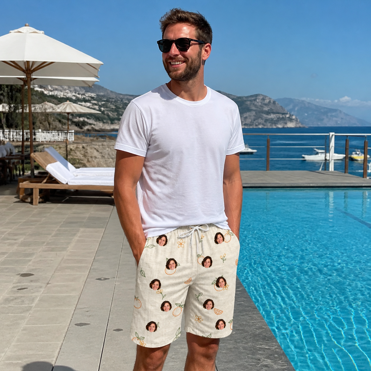 Real-life photo of someone wearing Men's Mandarin Moxie Custom Face Beach Shorts — custom faces printed all-over