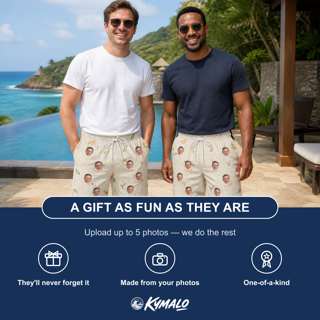 Friends in matching Men's Mandarin Moxie Custom Face Beach Shorts — a group gift photo