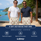 Friends in matching Men's Mandarin Moxie Custom Face Beach Shorts — a group gift photo