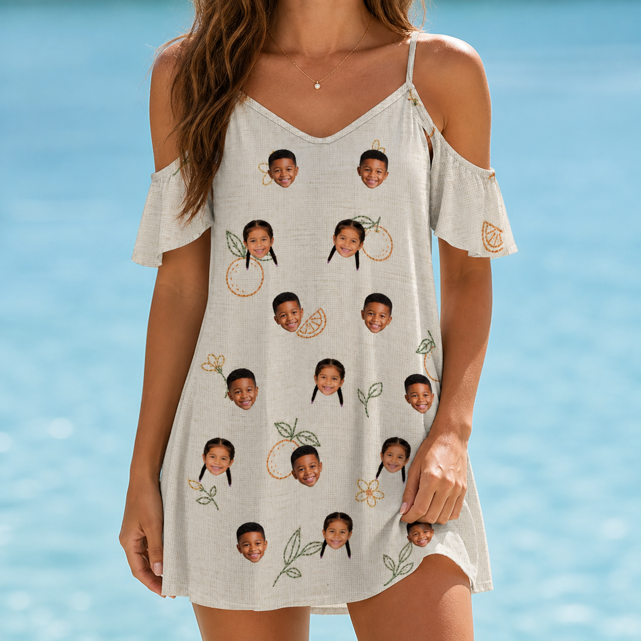 Model wearing Women's Mandarin Moxie Custom Face Off-Shoulder Dress printed with kids' faces