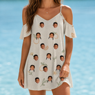 Model wearing Women's Mandarin Moxie Custom Face Off-Shoulder Dress printed with kids' faces