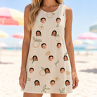 Model wearing Women's Mandarin Moxie Custom Face Tank Dress printed with kids' faces