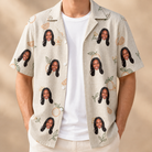 Man wearing Men's Mandarin Moxie Custom Face Hawaiian Shirt open over a white tee