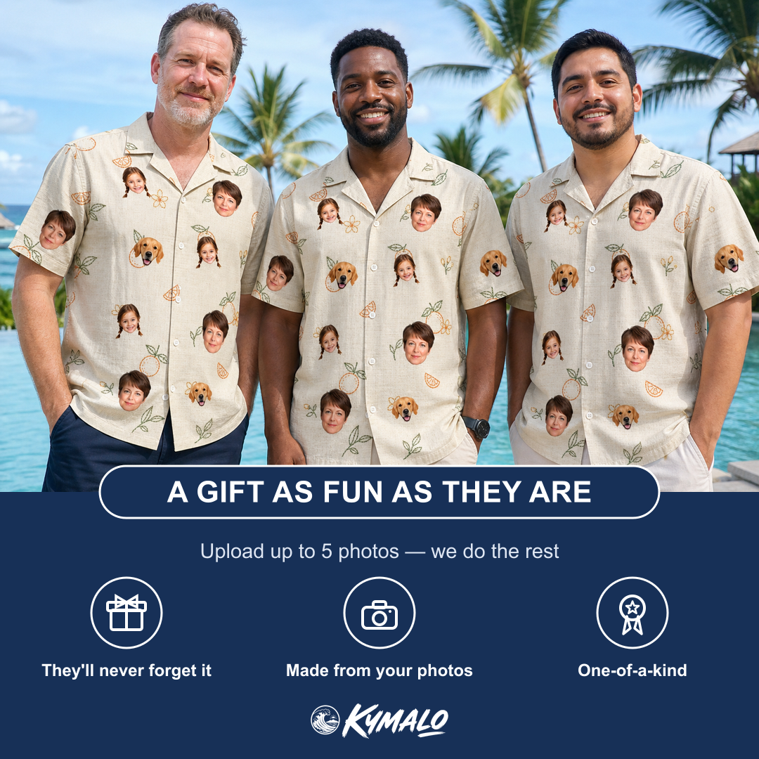 Friends in matching Men's Mandarin Moxie Custom Face Hawaiian Shirt — a group gift photo