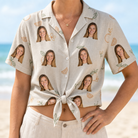 Woman wearing Women's Mandarin Moxie Custom Face Hawaiian Shirt tied at the waist