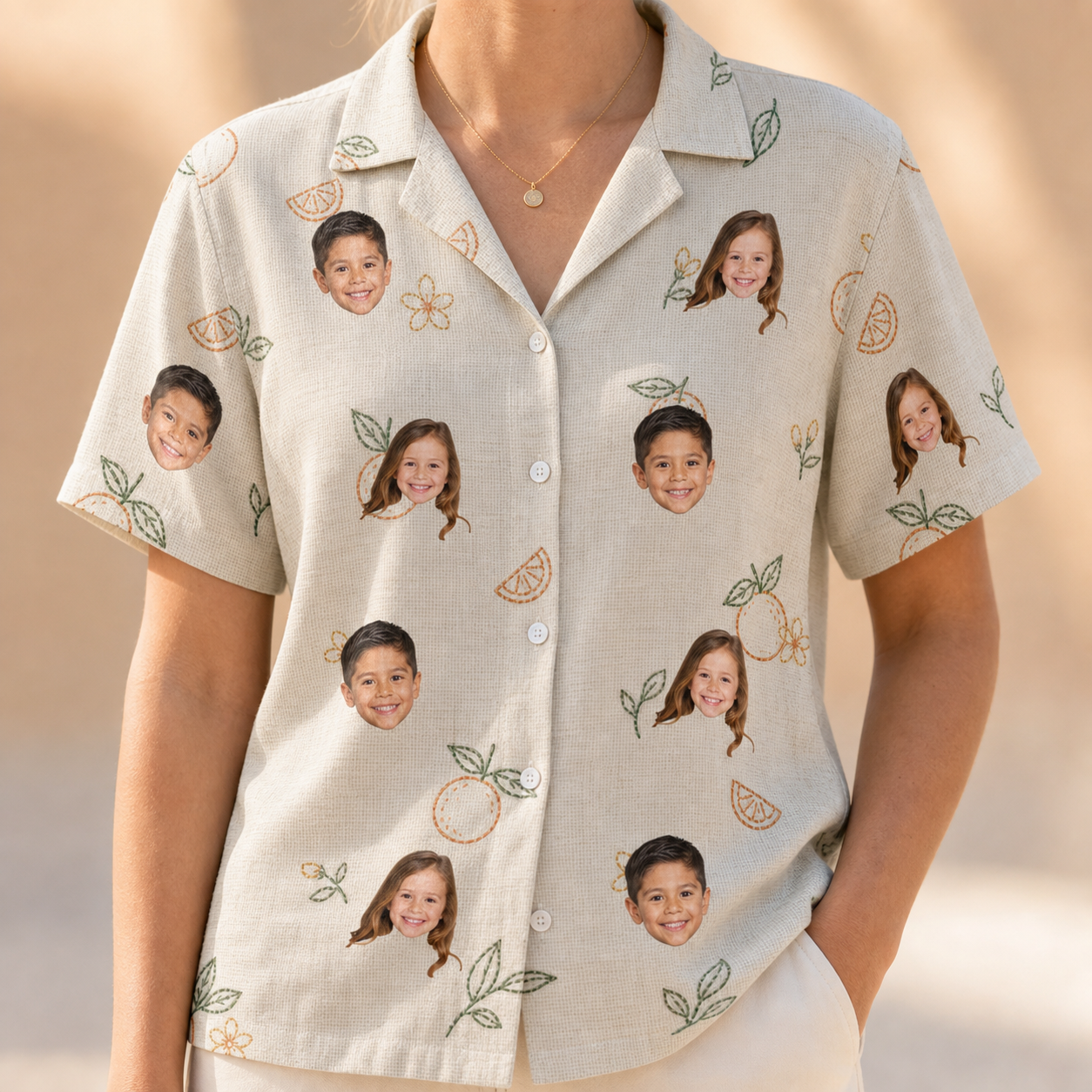 Model wearing Women's Mandarin Moxie Custom Face Hawaiian Shirt printed with kids' faces