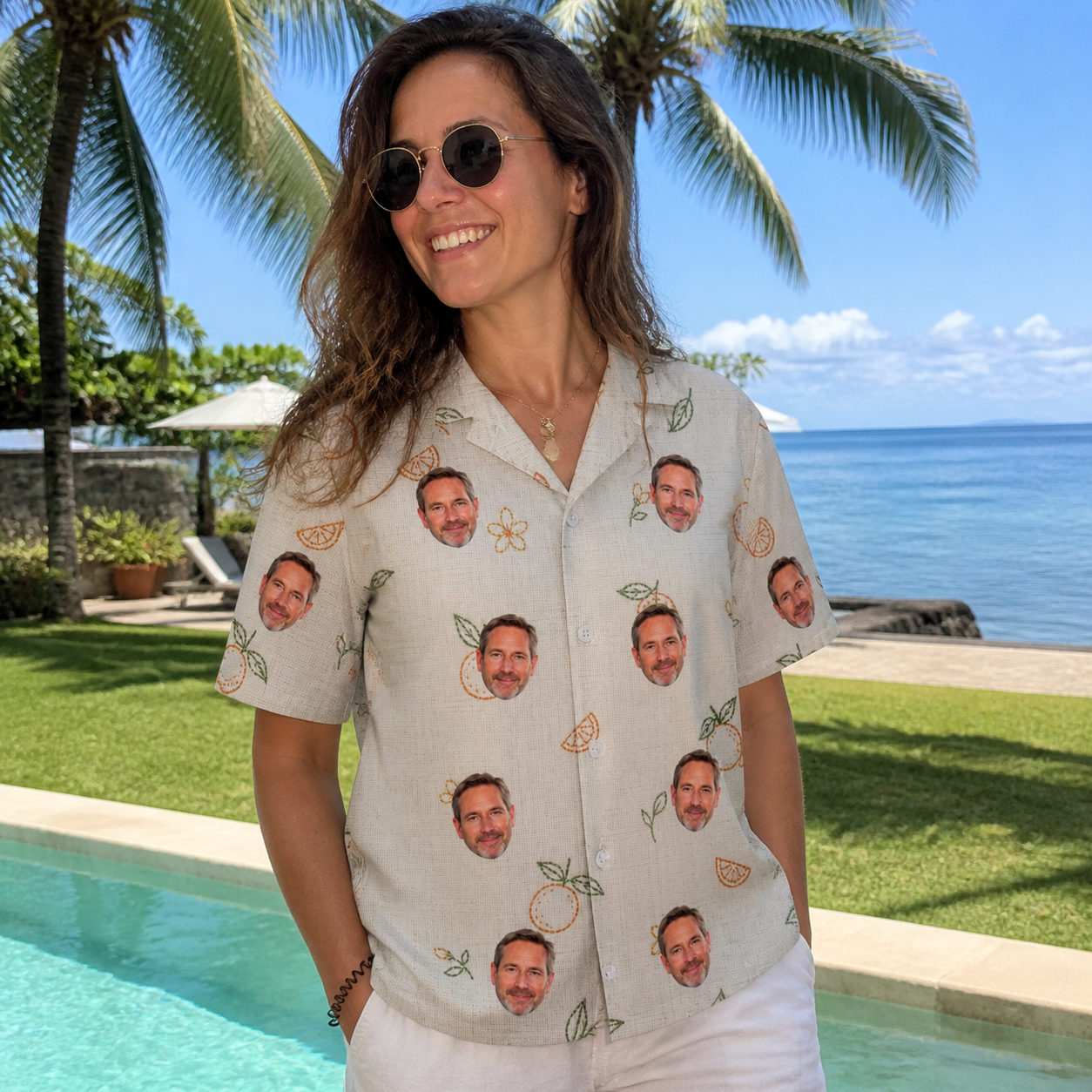 Real-life photo of someone wearing Women's Mandarin Moxie Custom Face Hawaiian Shirt — custom faces printed all-over