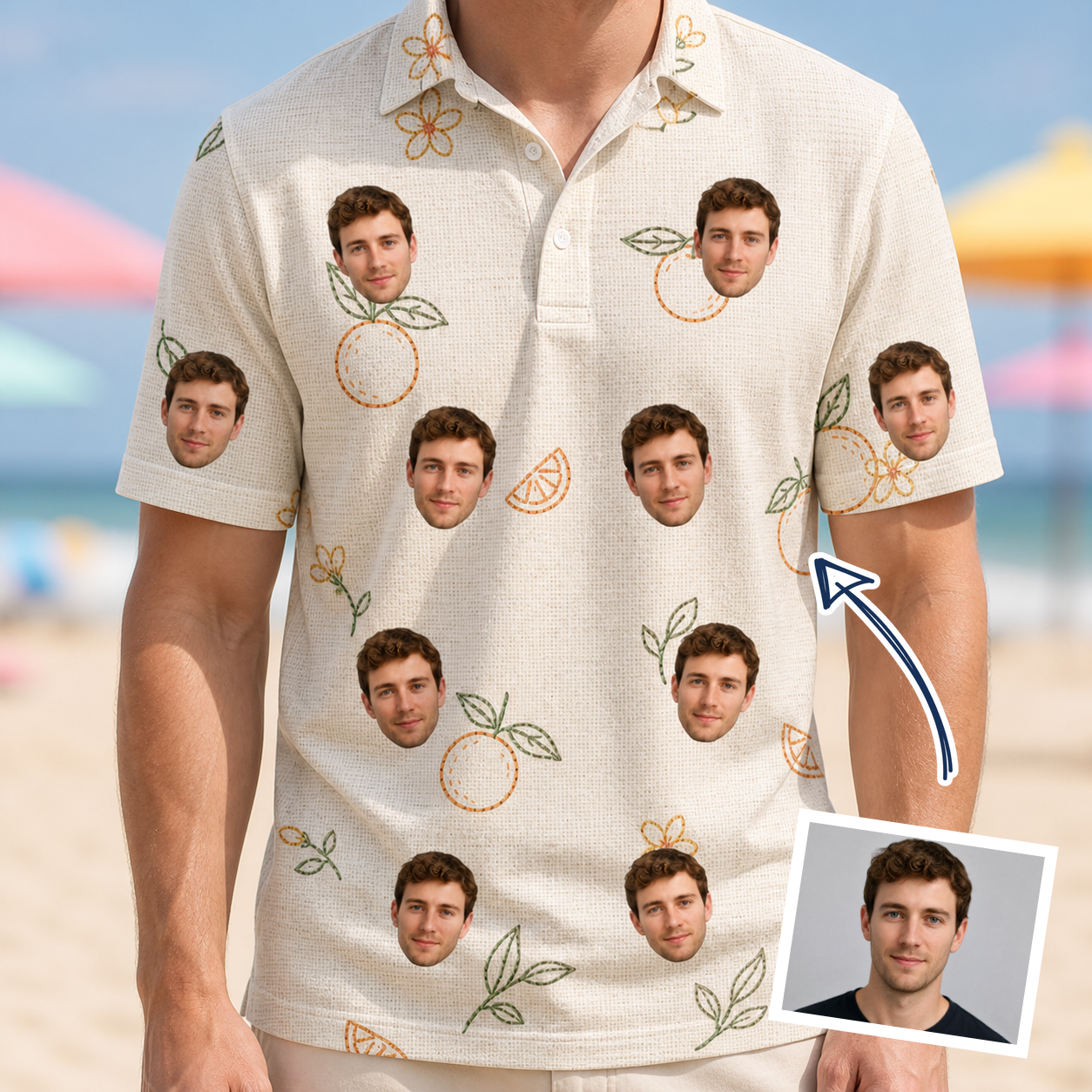 Man wearing Men's Mandarin Moxie Custom Face Polo Shirt — custom faces printed all-over