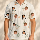 Model wearing Men's Mandarin Moxie Custom Face Polo Shirt printed with kids' faces