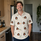 Real-life photo of someone wearing Men's Mandarin Moxie Custom Face Polo Shirt — custom faces printed all-over