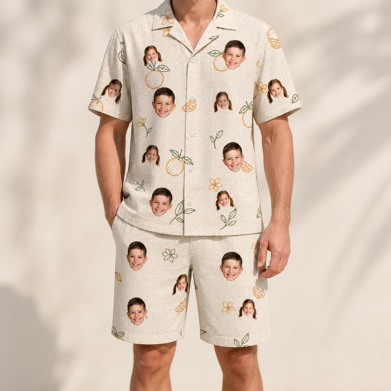 Model wearing Men's Mandarin Moxie Custom Face Shirt & Shorts Set printed with kids' faces