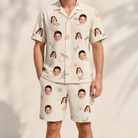 Model wearing Men's Mandarin Moxie Custom Face Shirt & Shorts Set printed with kids' faces