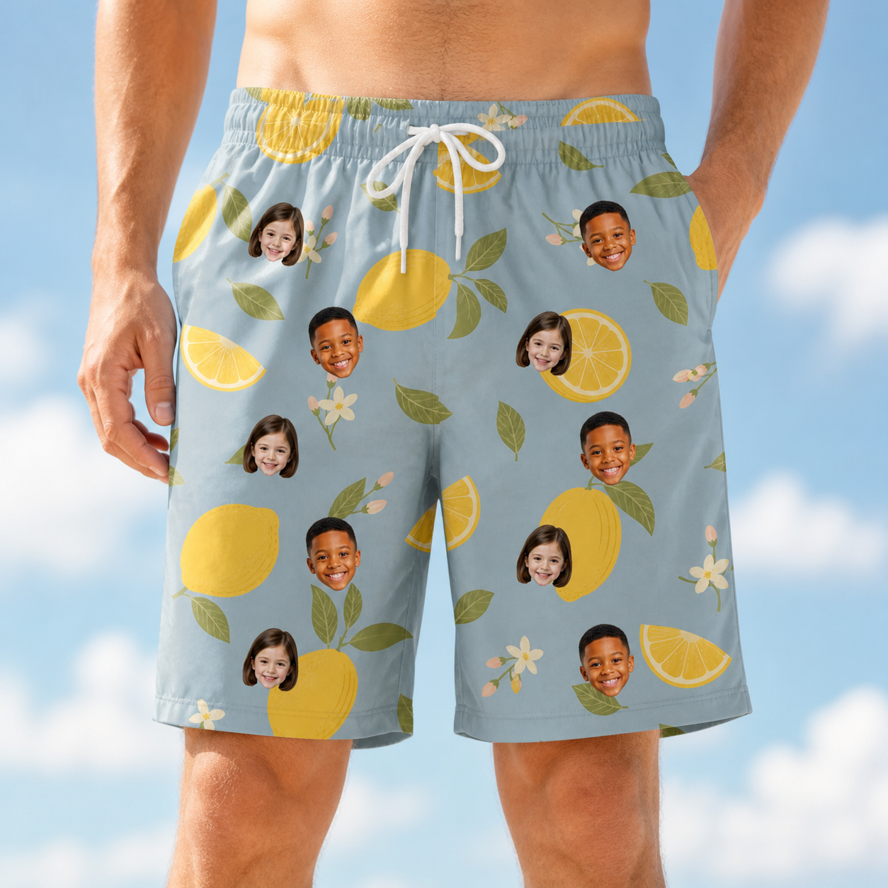 Model wearing Men's Zesty Zigzags Custom Face Beach Shorts printed with kids' faces
