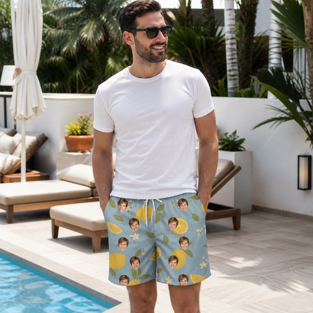 Real-life photo of someone wearing Men's Zesty Zigzags Custom Face Beach Shorts — custom faces printed all-over