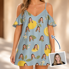 Woman wearing Women's Zesty Zigzags Custom Face Off-Shoulder Dress — custom faces printed all-over