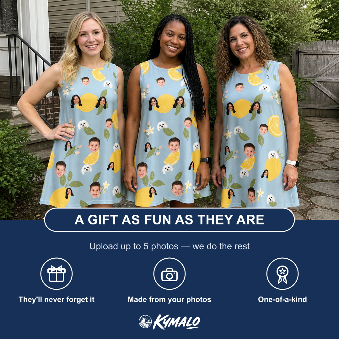Friends in matching Women's Zesty Zigzags Custom Face Tank Dress — a group gift photo